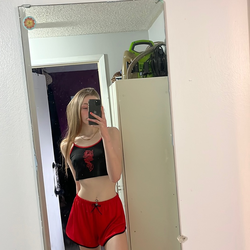2 two piece shorts and a tank top, Red and black with dragon print on the shirt